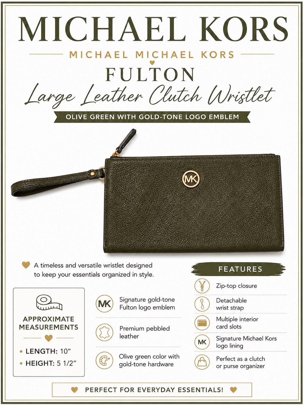 Michael Kors Fulton Large Leather Clutch Wristlet Olive Green Gold Logo